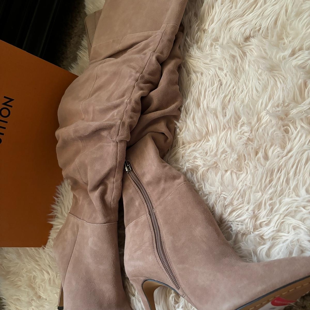 Vince Camuto Tan Heeled Boots with Slouchy Design and Soft Suede Material